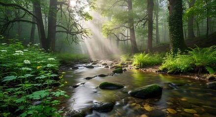 Brilliant sunbeams pierce the misty canopy illuminating a rocky stream flowing through a dense woodland