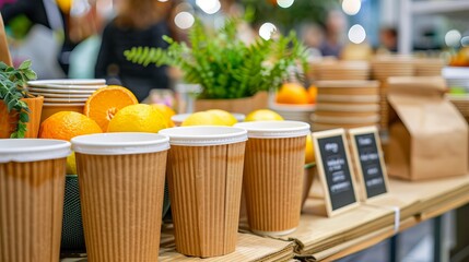 Close up view of eco friendly products with green labels in a global marketplace setting