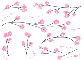 Watercolor cherry blossom branch elements for spring background　桜の木の枝の水彩イラスト春の花