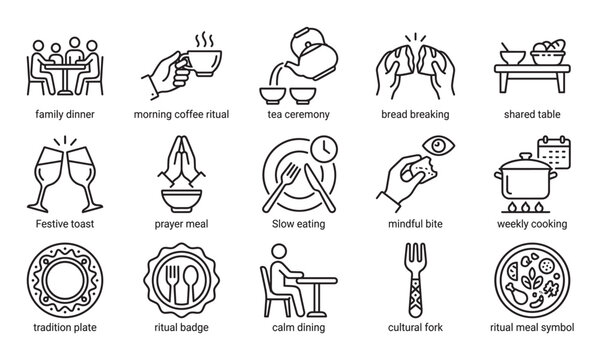 Collection of thin line icons illustrating food rituals, family dining, mindful eating, and cultural meal traditions like tea ceremony and bread breaking
