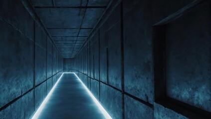 Long, dark, concrete hallway illuminated by a neon light, vanishing point