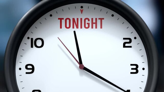 Tonight that is going to happen soon. Upcoming tonight, approaching in the near future. Tonight almost here, in a short time - a clock symbolizes a reminder that tonight is near.