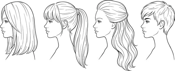 Female hairstyle collection side profile illustration showing different women haircuts long short ponytail and fashion beauty salon style set © Ideasy Mind