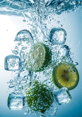 Fresh citrus fruit and solid frozen water cubes descend through clear liquid creating bubbles