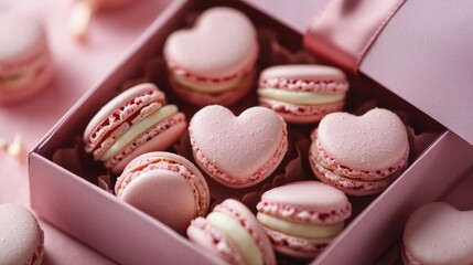 Obraz premium Macarons in heart shape in gift box isolated on pink background,events,aniversary festival gift set,french macaron cookies,trendy 2026,couple valentine Romantic love or pastry shop.