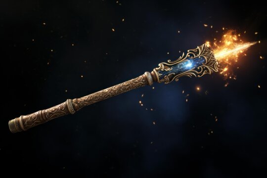 Decorative staff glowing with light and emitting magical particles on dark background