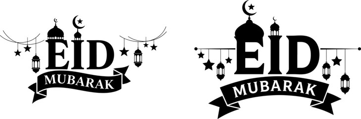 Eid Mubarak Typography Logo Set - Islamic Greeting Design with Mosque, Moon, and Lanterns Vector