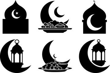 Ramadan Fasting and Iftar Icon Set - Islamic Crescent Moon with Dates and Lantern Silhouette Vector