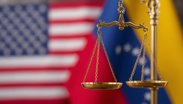 A gold scale of justice stands in front of the American and Venezuelan flags.