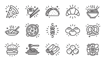 Collection of black line food icons representing various international cuisines like pizza, sushi, tacos, pasta, and burgers in a simple, minimalist vector graphic style
