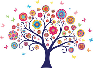 Colorful decorative floral tree illustration with blooming abstract flowers and flying butterflies symbolizing nature beauty creativity growth inspiration design art