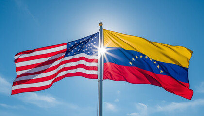 Obraz premium The flags of the United States and Venezuela waving in the wind against a blue sky