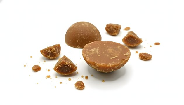 two pieces of organic brown palm sugar or javanese sugar in semicircular shapes form and the crumbs isolated on white background