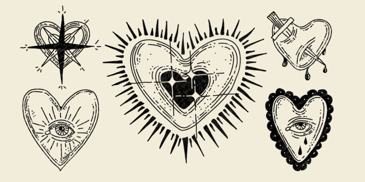 Mexican heart tattoo set isolated on white. Vector illustration of hand drawn black sacred heart icons with star, crying eye, bloody dagger, thorns, gothic spiritual stickers, traditional love symbol
