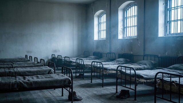 Old empty prison cell room with metal beds and barred windows in a Victorian era setting. Concept of confinement, hardship, and isolation for historic content.