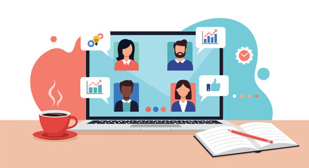 Collaborative online meeting displayed on a laptop screen featuring diverse participants alongside a notebook and coffee cup.