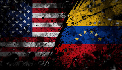 A grungy illustration of the American and Venezuelan flags side by side with a dark background