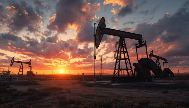 Oil pumps operating in a desert landscape during a vibrant sunset - Powered by Adobe