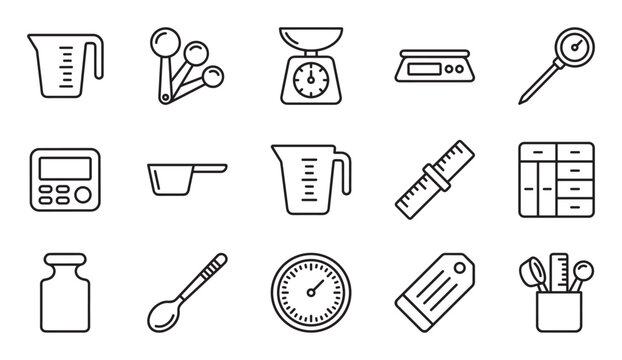 Collection of black outline measurement icons including a kitchen scale, measuring cup, spoon, timer, and other cooking and baking tools in a simple minimalist graphic style