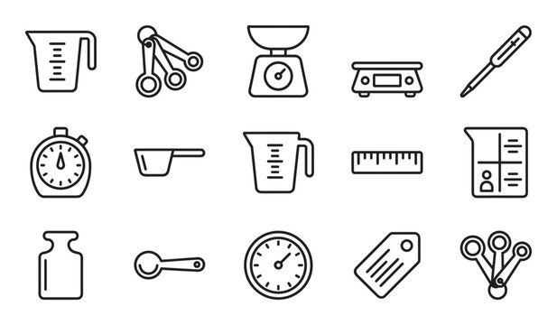 Set of black line art icons showing various measurement tools for cooking and science, including scales, cups, spoons, a timer, a ruler, and a thermometer in a minimalist style