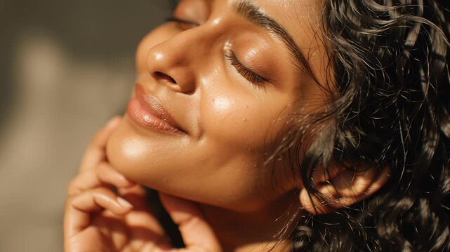 A woman with dark hair and a smile on her face. She is looking at the camera. Indian woman enjoying natural skincare moment, relaxed expression, warm daylight, organic beauty mood, uncluttered frame