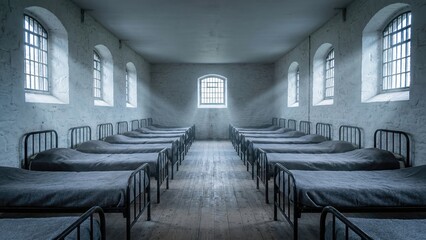 Empty prison cell block with rows of metal beds reflecting the harsh reality of incarceration during the Victorian era