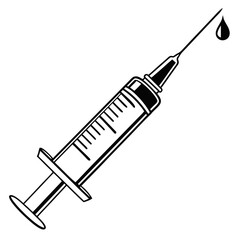A black and white illustration of a medical syringe with a droplet at the needle tip, filled and ready for injection.