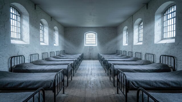 Empty prison cell block with rows of metal beds reflecting the harsh reality of incarceration during the Victorian era