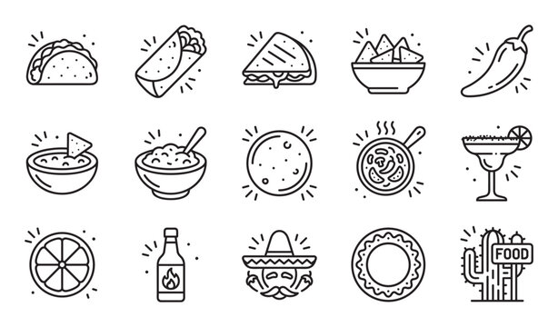 Mexican food and culture thin line icon set with popular dishes like taco, burrito, quesadilla, nachos, guacamole, and a margarita cocktail for menu design