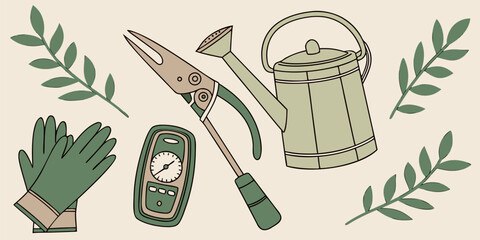 Gardening implements including pruning shears, a watering can, work gloves, and a soil meter are presented with surrounding.