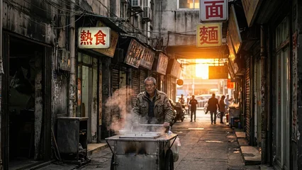 Papier peint photo Ruelle étroite Asian man pushing steaming food cart in a narrow alley with shops for street food and local culture concept, and travel publication.  © Alexey