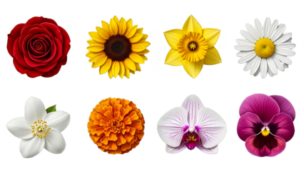 Assortment of eight vibrant and beautiful flower blossoms isolated on a clean black background.