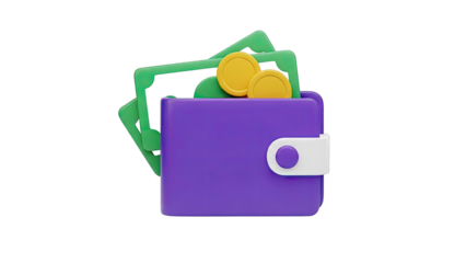 Purple Wallet with Money and Coins 3D Icon