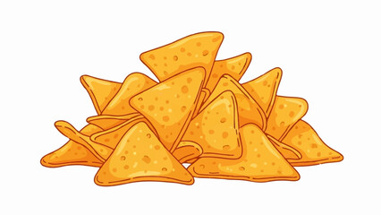 A pile of golden triangular corn chips with a textured surface, isolated on white