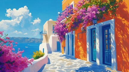 Fototapeta premium Watercolor of Traditional greek Santorini house with bougainvillea flowers,Greece islands blue white traditional cafe restaurant architecture,Santorini blue door window,Mediterranean scene.