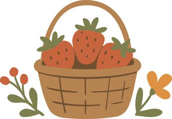 Rustic basket of fresh strawberries with floral accents, flat vector harvest illustration in earthy colors for organic food concepts