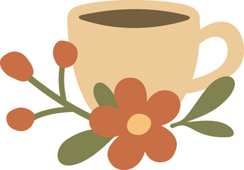 Cozy cup of coffee with autumn floral and berry elements, minimalist flat vector illustration in warm earthy tones for cafe branding