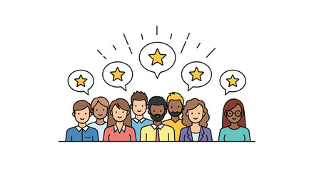 Diverse group of people standing together with yellow five star rating speech bubbles floating above to show satisfaction.
