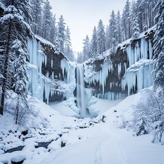 Towering frozen cascades dominate a snowy forest canyon landscape