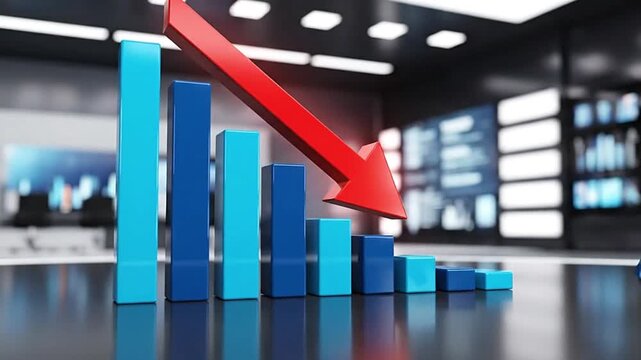 A descending bar graph with a red arrow crashes into an hourglass against a blurred backdrop