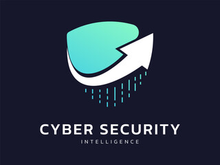 Cyber security intelligence data protection with curved growth arrow overlapping in shield shapes technology vector log design concept. Abstract shield security icon logotype for ID ui, automation.