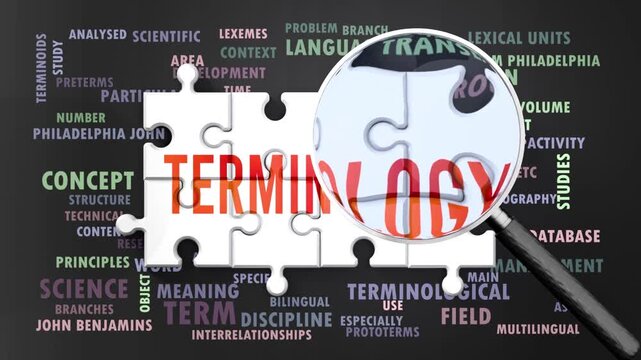 Terminology under magnifying glass, being researched, studied and examined. Most important subjects and ideas closely related to terminology written around a puzzle.Can be looped.