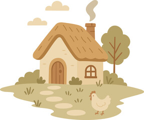 Charming rural cottage illustration with a chicken in the yard, cozy farmhouse scene in earthy tones with smoke rising from the chimney