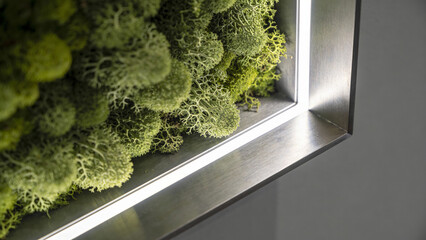 Vertical Moss Wall Detail with Integrated Lighting in Modern Sustainable Interior Architecture, Soft Light, Generative AI