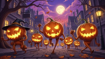 Smiling jack o lanterns running through a spooky street on Halloween night