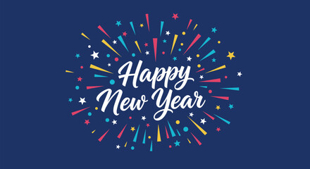 Festive Happy New Year greeting text centered within a burst of colorful stylized fireworks on a deep blue background.