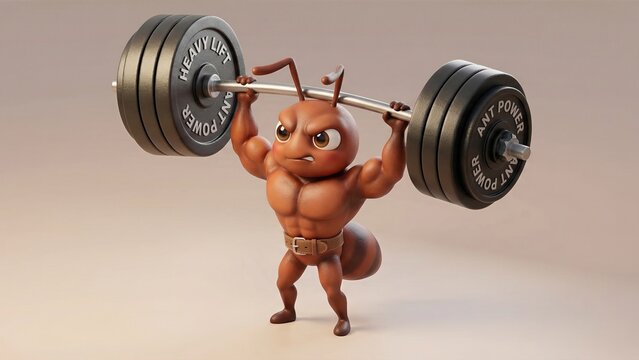 Strong ant cartoon character lifting heavy barbell with power and heavy lift text on weights. Strength and perseverance concept for sports and business.