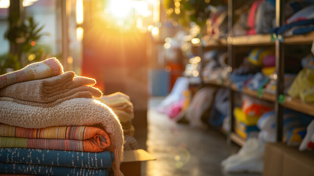 Folded blankets on shelf in sunlit donation center