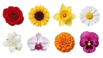 A vibrant collection of various flowers including rose, sunflower, and orchid on a black background