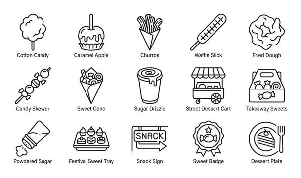 Collection of black line art icons representing various fair and festival sweets, including cotton candy, caramel apple, churros, and a street dessert cart in a clean pictogram style